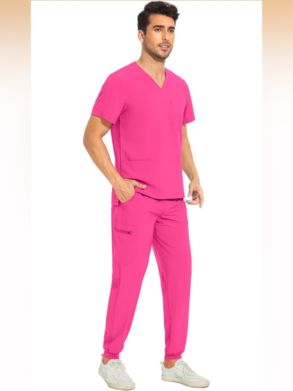 COZYFIT V-Neck Scrub Top &Jogger Pant W/8 Pockets, Anti Wrinkle, M-Tall Hot Pink - Picture 2 of 12